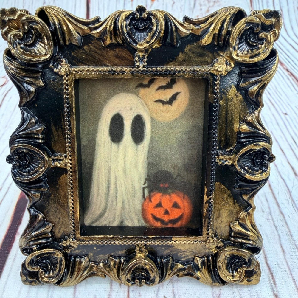 Halloween Ghost Art Print Ornate Gold Black Resin Frame Decoupage Spooky Decor